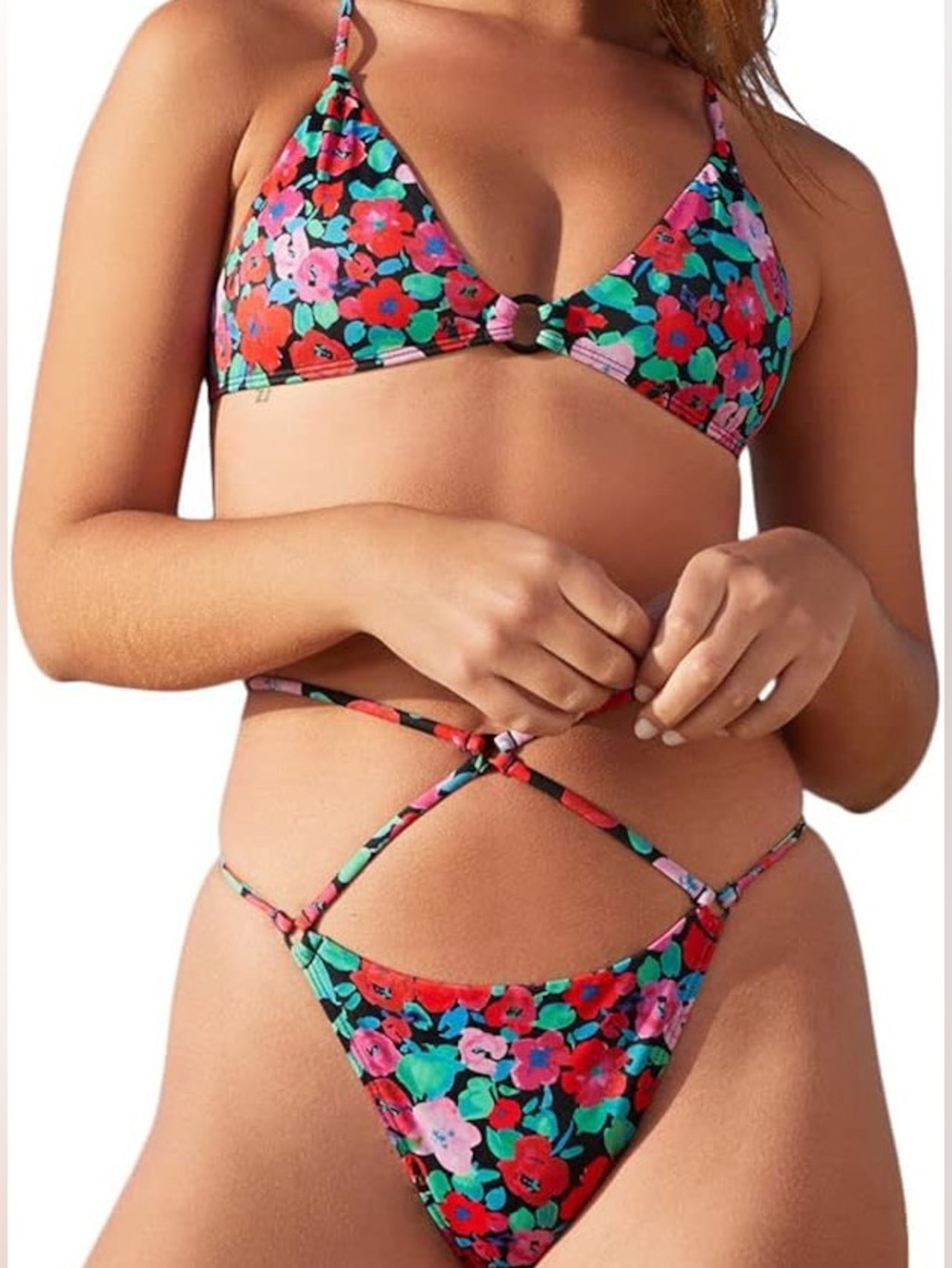 La Hearts Black Floral O-ring Criss Cross Bikini